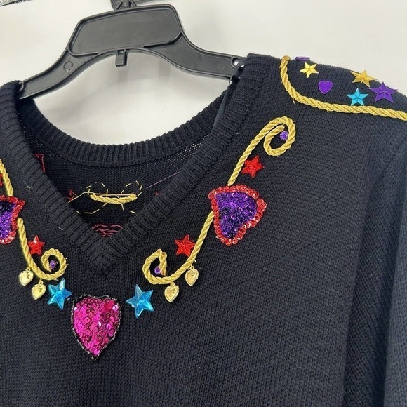 Vintage 80s Plain Jane Black Sweater Dress Embellished Sequins Midi Length M - Picture 11 of 12
